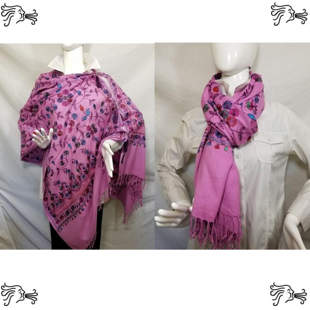 Purple Pink Embroidered Kashmir 100% Wool Scarf - Picture 1 of 6